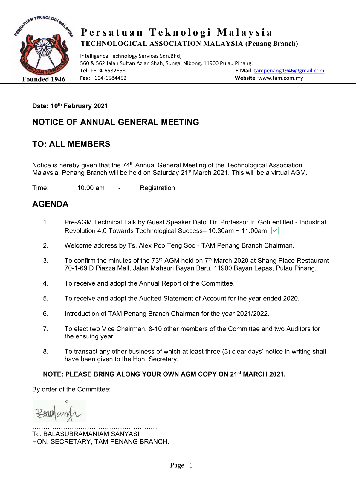 2021 TAM Penang AGM Notice