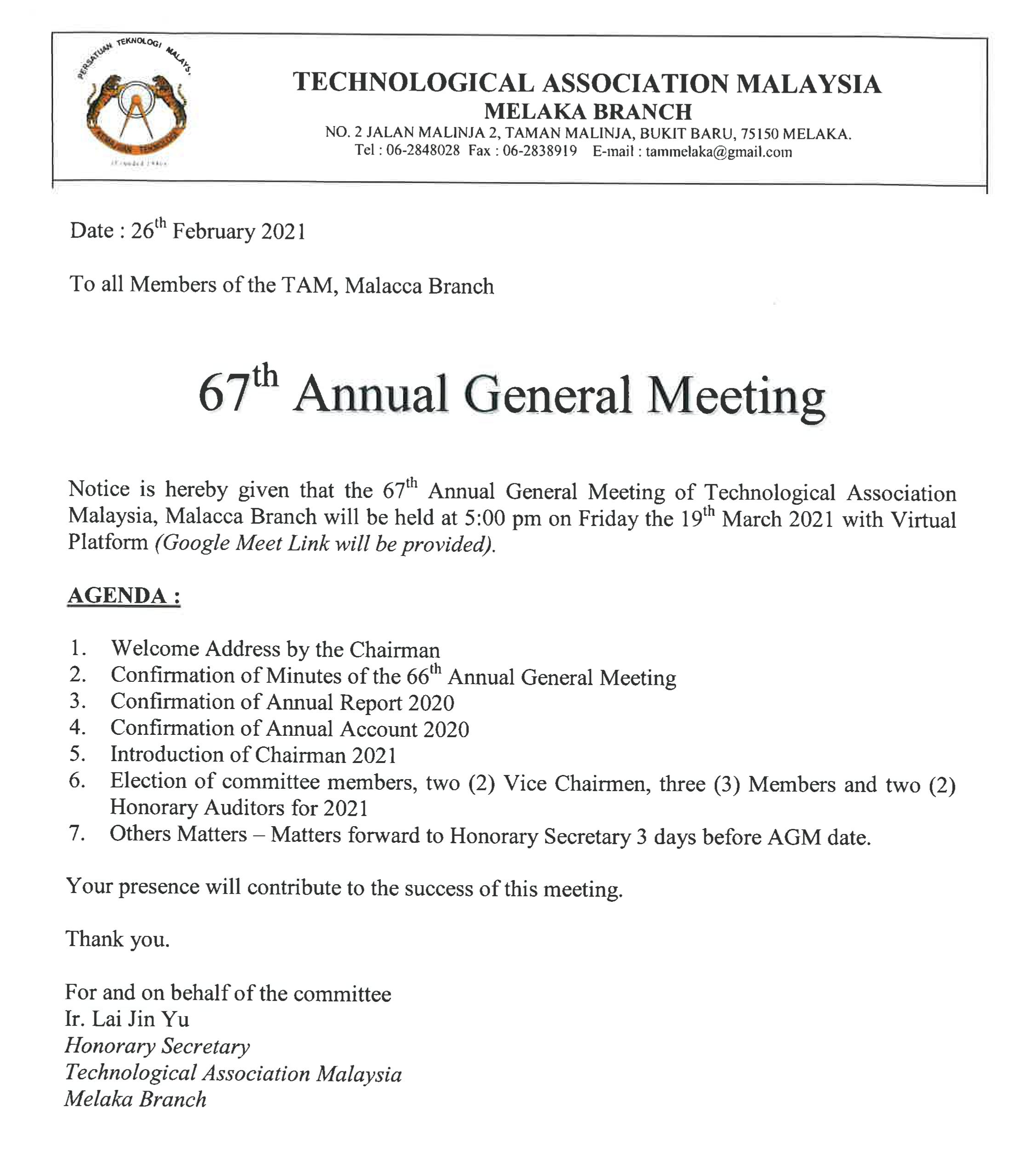 210319-TAM-Mlk-Notice of 67th AGM