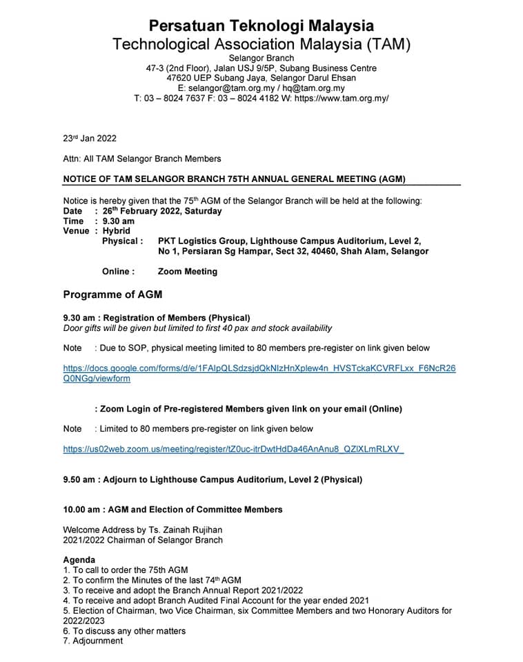 75th TAM Selangor AGM Notice 1