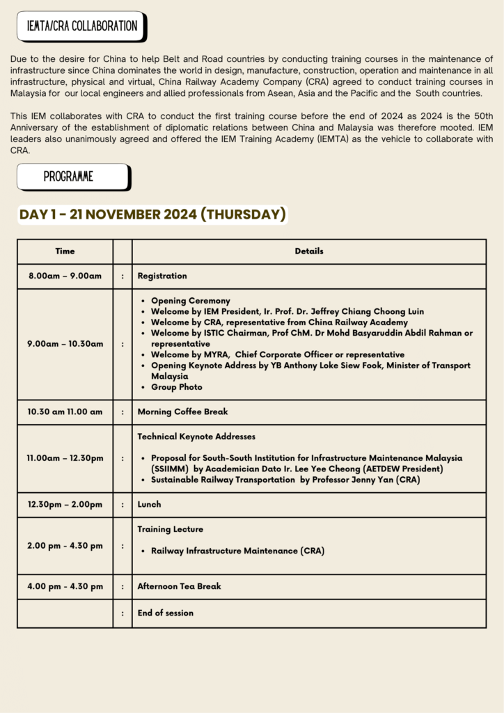 Inauguration Trainning Program Inaugural Training Course: Sustainable Railway Infrastructure and Its ...